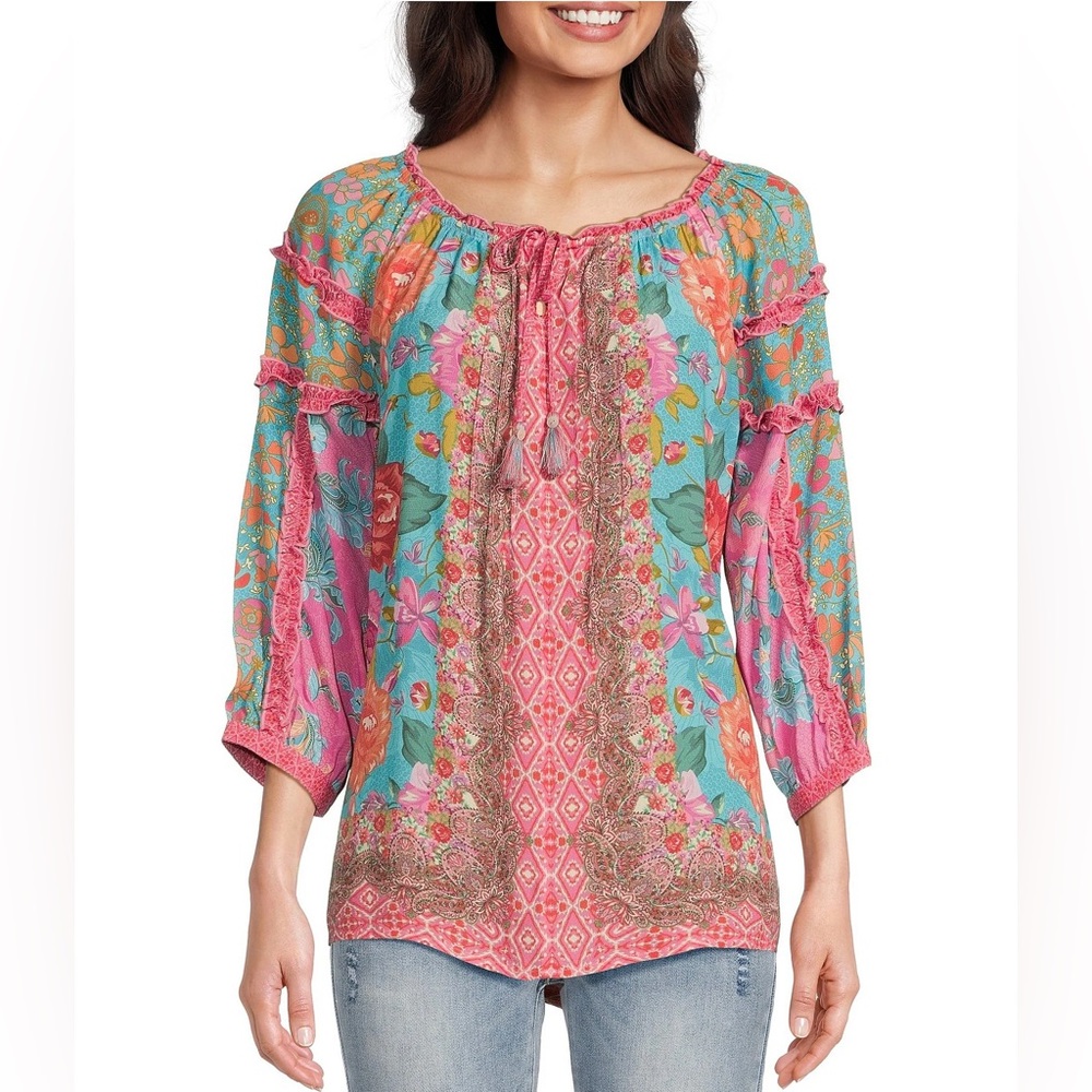 John Mark Woven Border Tassel Tie Split Neck 3/4 RollTab Sleeve Ruffle Blouse XL